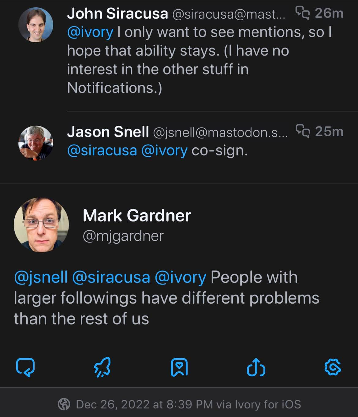 John Siracusa and Jason Snell asking for only mentions in the Ivory Mastodon client